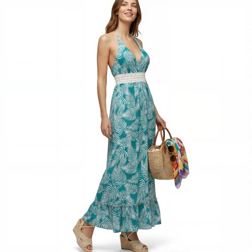True Destinations Halter Maxi Dress Light Teal Cotton S NWT